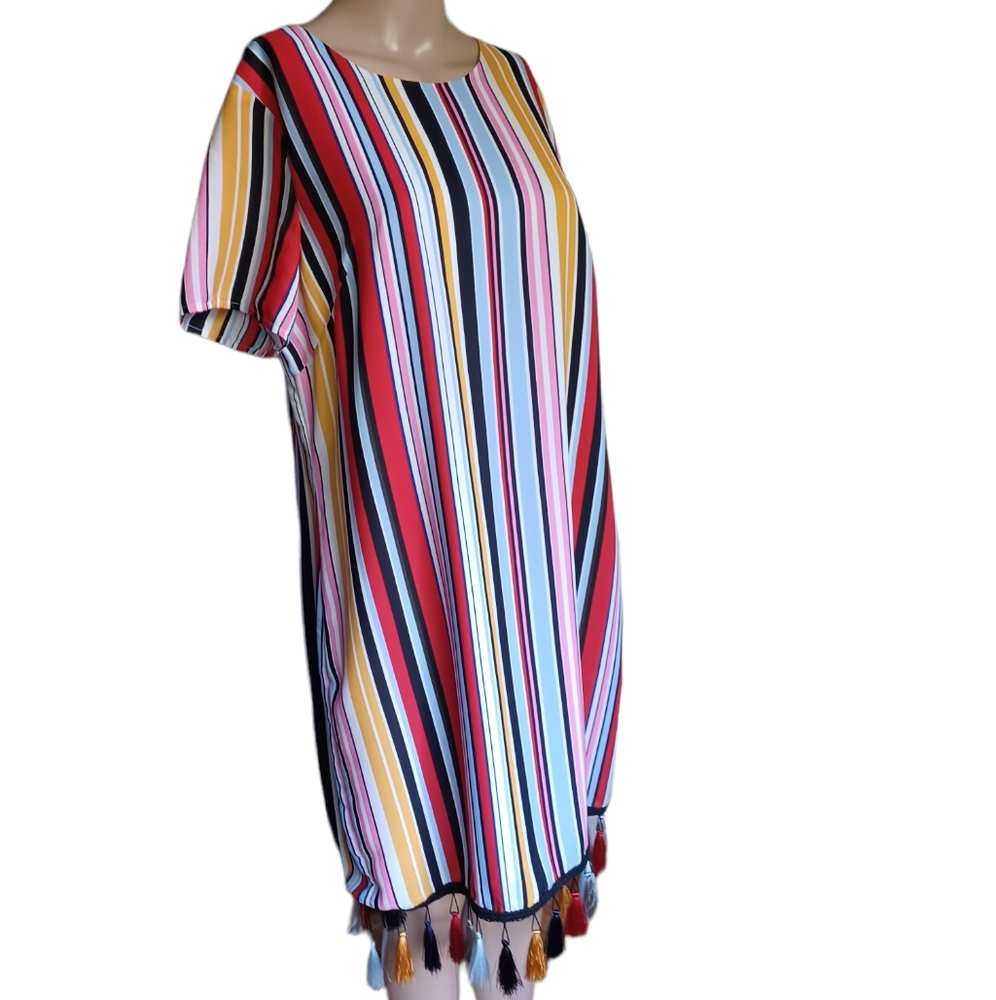 Aidan Mattox Womens Multicolored Stripes Shift Dress Tasseled Scoop Neck Size 14